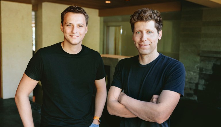 Worldcoin Project co-founders Alex Blania (left) and Sam Altman (right) are seen.
