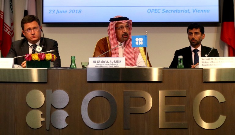 Officials attend a news conference after a meeting of OPEC and non-OPEC members at their headquarters in Vienna, Austria, June 23, 2018.