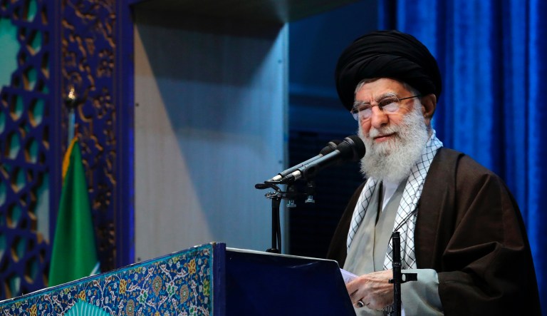In this picture released by an official website of the office of the Iranian supreme leader, Supreme Leader Ayatollah Ali Khamenei delivers his sermon in the Friday prayers at Imam Khomeini Grand Mosque in Tehran, Iran, Friday, Jan. 17, 2020.