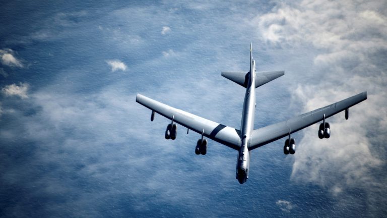 A U.S. Air Force B-52 Stratofortress breaks away from a KC-135 Stratotanker from the 100th Air Refueling Wing, RAF Mildenhall, England, after receiving fuel during a strategic bomber mission, May 7, 2020. Strategic bomber missions enable crews to maintain a high state of readiness and proficiency.