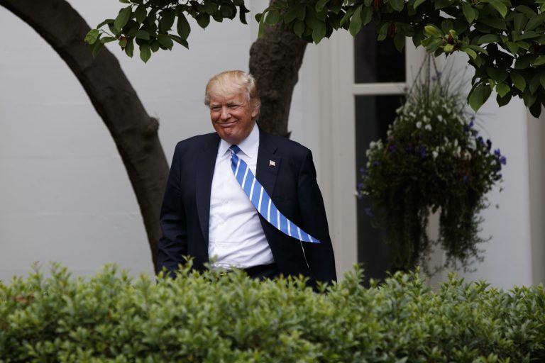 President Trump arrives n the Kennedy Garden of the White House in Washington, Monday, May 1, 2017.