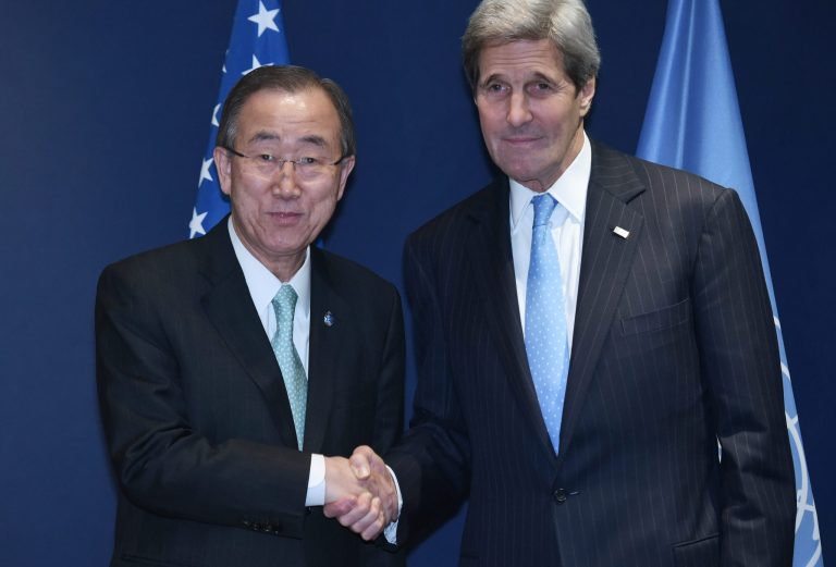 Secretary of State John Kerry, right, shakes hands with United Nations Secretary General Ban Ki-moon during a meeting on the sidelines of the COP 21 United Nations conference on climate change. (Mandel Ngan, Pool via AP)