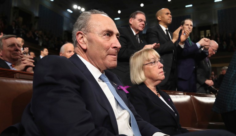In this photo from Tuesday, Sen. Chuck Schumer, D-N.Y., and Sen. Patty Murray, D-Wash., listen as President Trump delivers the State of the Union address in the chamber of the U.S. House of Representatives in Washington, D.C. (Win McNamee/Pool via AP)