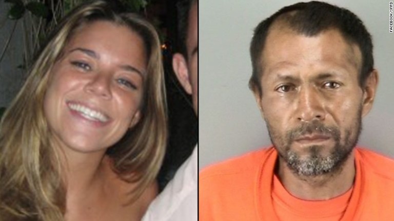 Kate Steinle and the man suspected in her death, Juan Francisco Lopez-Sanchez. Photos via AP