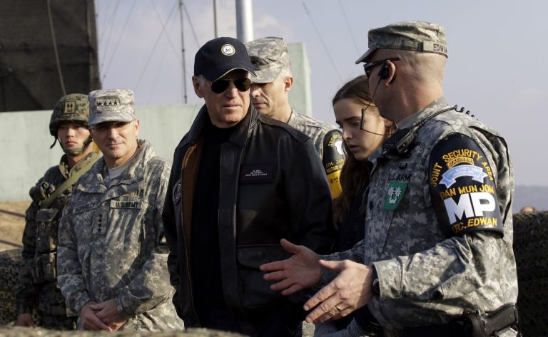 Vice President Joe Biden is briefed during his tour of the Demilitarized Zone (DMZ), near the border village of Panmunjom, in South Korea, on Saturday. (AP Photo/Lee Jin-man, Pool)