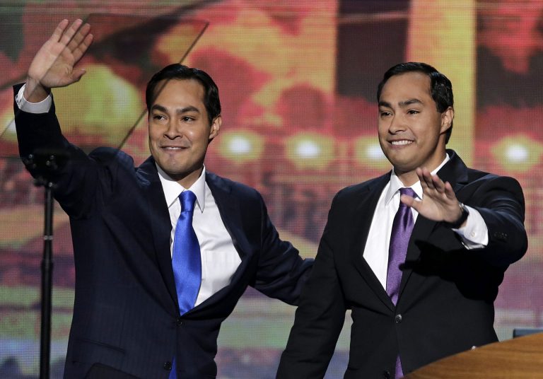 San Antonio Mayor Julian Castro and his brother Joaquin Castro, right, wave to the Democratic National Convention in Charlotte, N.C. (AP/J. Scott Applewhite)