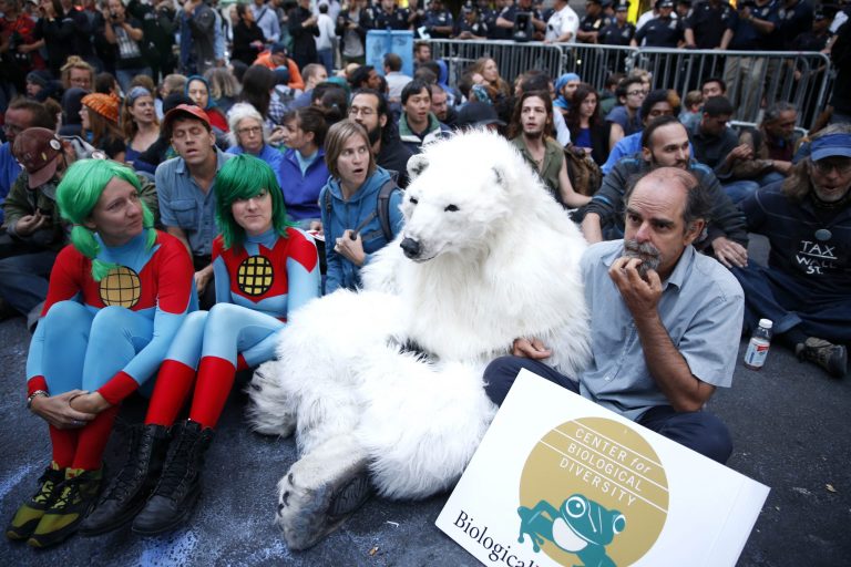 Two Captain Planets and a polar bear were among the protesters in New York on Monday. (AP/Seth Wenig)