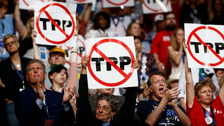 The Trans-Pacific Partnership trade proposal may be dead, but a new fight is brewing over who successfully killed it off, and some liberals are arguing that Donald Trump shouldn't get any of the credit. (Andrew Harrer/Bloomberg)