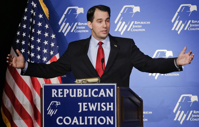 Wisconsin Gov. Scott Walker speaks at the Republican Jewish Coalition on Saturday in Las Vegas. (AP Photo/Julie Jacobson)