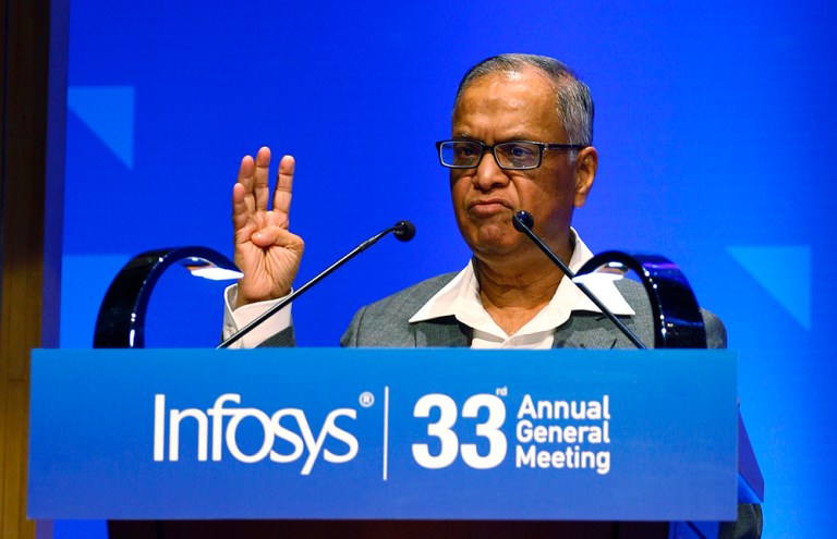 Infosys Chairman N. R. Narayana Murthy addresses shareholders at the company's 33rd Annual General Meeting in Bangalore, India in June 2014. Infosys distributed 98.1 percent of its 8,991 visas to Indian workers. (AP Photo/Aijaz Rahi)