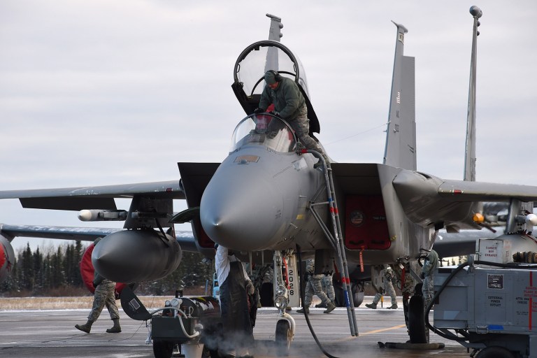Air Force officials confirmed the service is considering replacing the single-seat F-15C model with cheaper F-16s, equipped with upgraded radars. (U.S. Air National Guard photo by Senior Master Sgt. Chris Drudge/released)