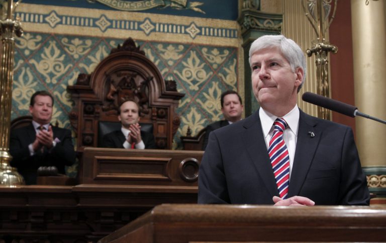Michigan Gov. Rick Snyder is gauging support for a state commitment of roughly $350 million over 20 years, matching $330-plus million in commitments to date from national and local foundations to shore up Detroit's pension plans and prevent the sale of valuable city-owned art. (AP Photo/Al Goldis)