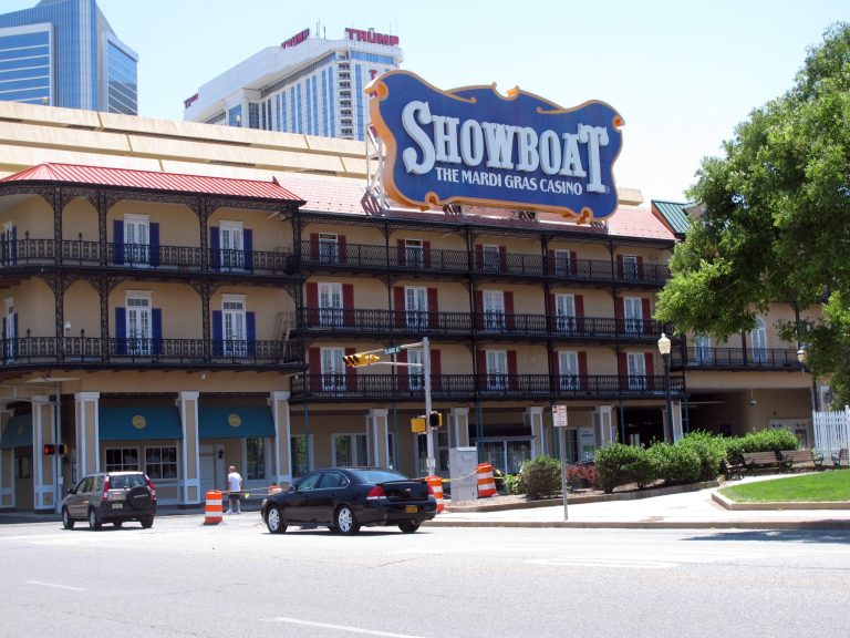 FILE - In a Friday June 27, 2014 file photo, The Showboat Casino Hotel in Atlantic City N.J., is seen hours after its parent company, Caesars Entertainment, announced it would shut down the Showboat on Aug. 31. It will be the second Atlantic City to close this year, along with The Atlantic Club, and a third may shut down as well if Revel Casino Hotel can't find a buyer in bankruptcy court. Atlantic City started the year with 12 casinos. By Labor Day, it could be down to nine.  (AP Photo/Wayne Parry, File)