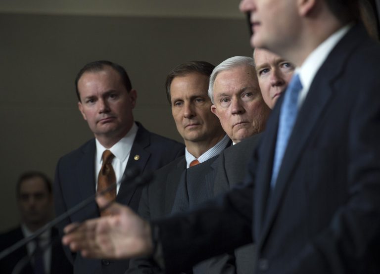 From left, Sen. Mike Lee, R-Utah, Rep. Chris Stewart R-Utah, Sen. Jeff Sessions, R-Ala., Rep. Robert B. Aderholt, R-Ala. and Sen. Ted Cruz, R-Texas. Lee, Sessions, and Cruz are being considered for Trump administration Cabinet posts. (AP Photo/Molly Riley)