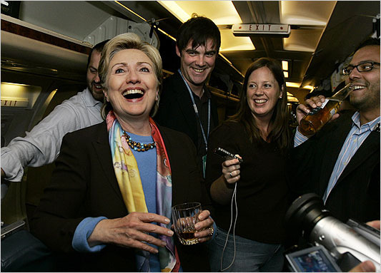 Hillary Clinton laughing it up with reporters during her 2008 presidential campaign. AP Photo