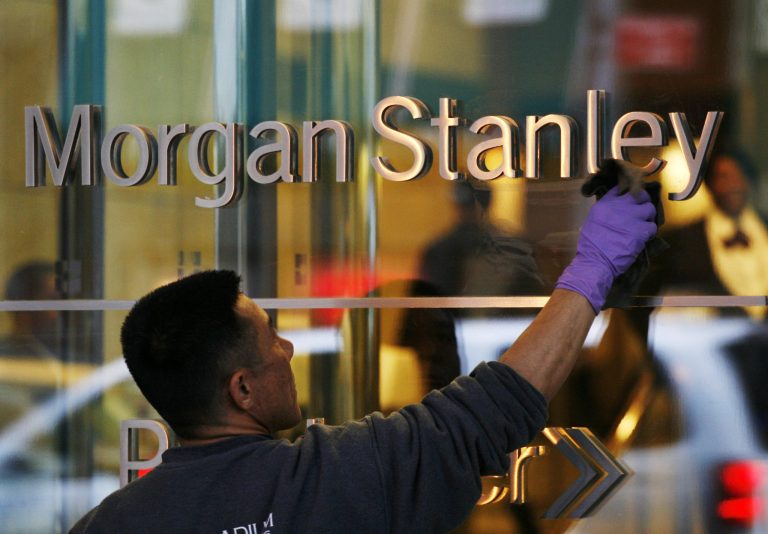 FILE - In this Jan. 19, 2010 file photo, a window washer cleans off the lettering at Morgan Stanley headquarters, in New York. Morgan Stanley reports quarterly financial results on Thursday, July 17, 2014. (AP Photo/Mark Lennihan, File)
