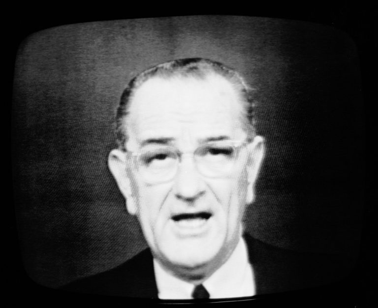 President Lyndon Johnson speaks during a televised address from the White House, Jan. 31, 1966. (AP/Marty Lederhandler)