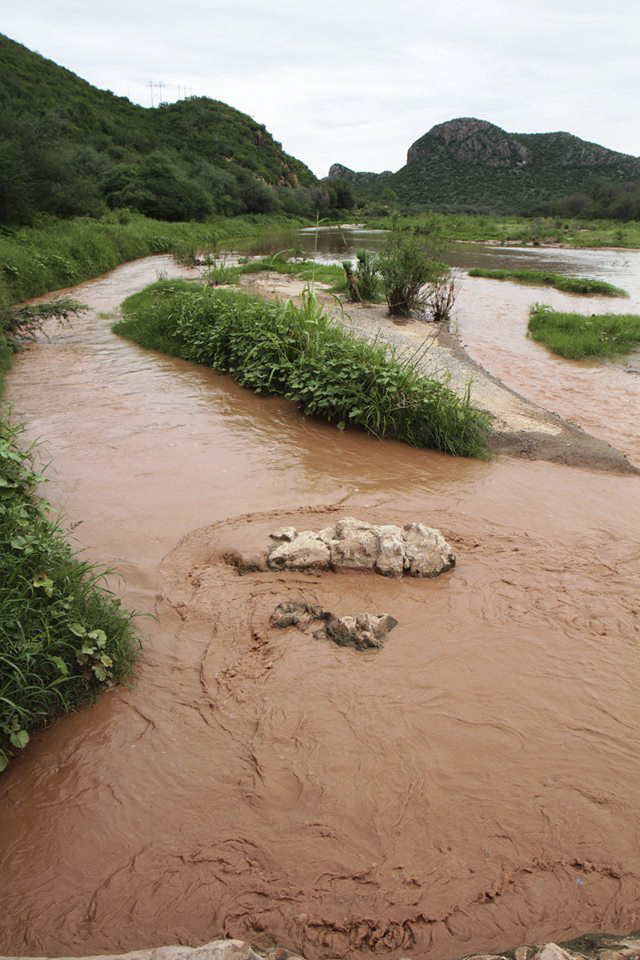 In this Aug. 14, 2014 photo, the contaminated Sonora river makes its way near the town of Ures, in the northern state of Sonora, Mexico. Eighty-eight schools in Sonora state did not open Monday along with the rest of the country because of the danger of water contaminated by the spill of 10 million gallons (40,000 cubic meters) of acids from a copper mine into this and another river in the region. (AP Photo/El Imparcial, Julian Ortega)