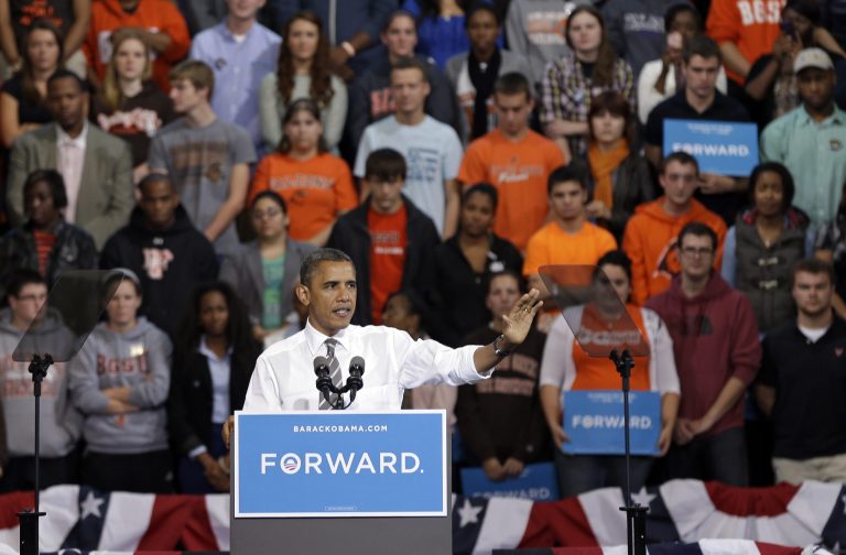 President Barack Obama speaks at a campaign event at Bowling Green State University in Bowling Green, Ohio. (AP Photo)