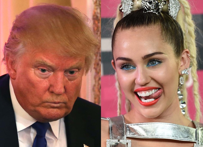 In the first post, published Monday, Miley Cyrus chose a photo of Trump with the caption: 
