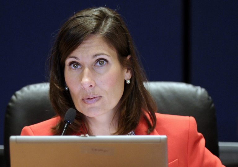 FILE - This Nov. 6, 2013 file photo shows National Transportation Safety Board (NTSB) Chair Deborah Hersman speaking in Washington. Federal accident investigators called Thursday for a probe of the government agency charged with ensuring the safety of tour buses, saying its own look into four crashes that killed 25 people raises 