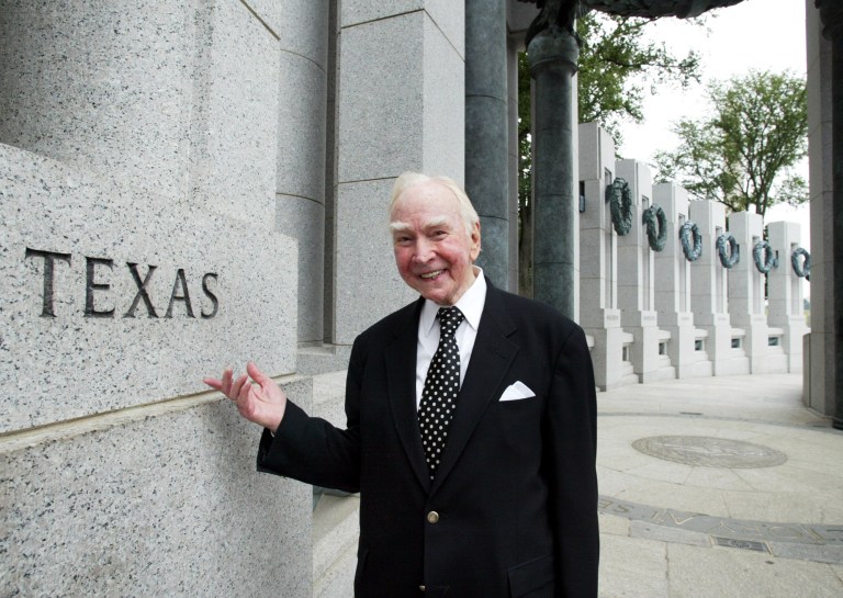 In this July 29, 2005, file photo, former House Speaker Jim Wright of Texas stands next to the Texas pillar while touring the World War II Memorial in Washington.(AP Photo)
