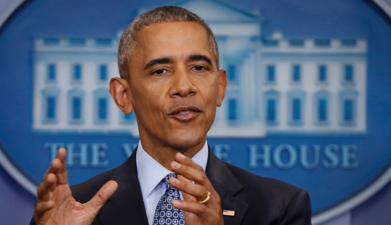 FILE - In this Jan. 18, 2017 file photo, President Barack Obama speaks during his final presidential news conference, in the briefing room of the White House in Washington.