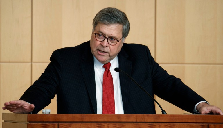 Attorney General Barr William Barr speaks at the Securities and Exchange Commission (SEC) Criminal Coordination Conference, Thursday, Oct. 3, 2019, at the SEC in Washington.