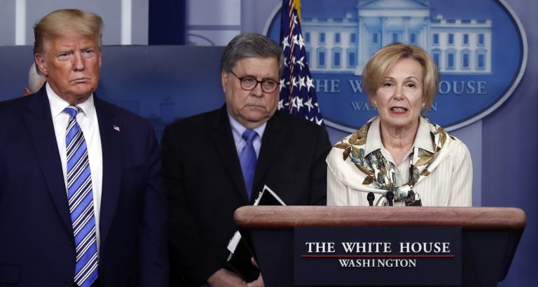 President Donald Trump and Attorney General William Barr listen as Dr. Deborah Birx, White House coronavirus response coordinator, speaks about the coronavirus in the James Brady Briefing Room, Monday, March 23, 2020, in Washington.