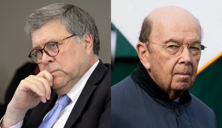 Attorney General William Barr and Commerce Secretary Wilbur Ross are pictured.