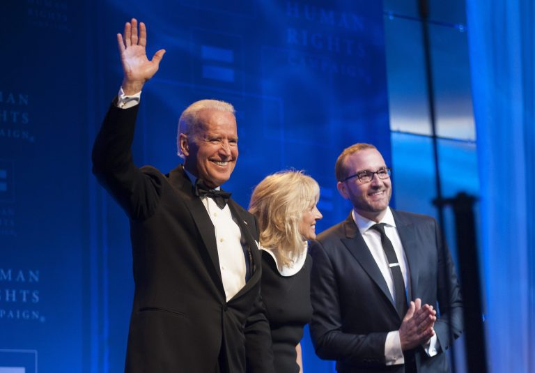 Vice President Joe Biden, left, Jill Biden and Human Rights Campaign President Chad Griffin take the stage on Saturday, March 22, 2014 for the HRC Los Angeles Gala. (Josh Edelson/AP Images for HRC)