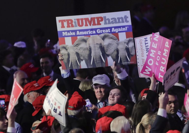 Donald Trump supporters react to election night results during a rally, Wednesday, Nov. 9, 2016, in New York. A poll finds GOP voters overwhelmingly want Trump to run for reelection. (AP Photo/Julie Jacobson)