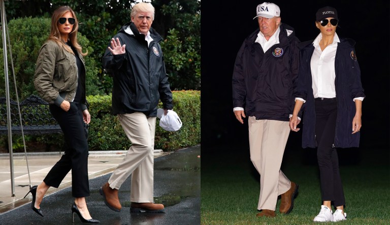 The Internet lit up with criticism of first lady Melania Trump's shoe choice as she left the White House with President Trump to visit Texas in the wake of Hurricane Harvey. The first lady wore stilettos when she left the White House, but changed into a pair of sneakers before before getting off Air Force One in Texas. (AP Photo/Jacquelyn Martin)