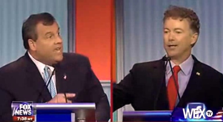 Republican presidential candidates Chris Christie and Rand Paul exchanged blows on federal surveillance and warrantless bulk data collection. (Screenshot from video)