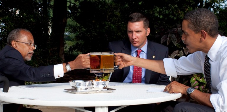Beer summit. President  Obama, Professor Henry Louis Gates Jr. and Sergeant James Crowley meet in the Rose Garden of the White House, July 30, 2009. (Official White House Photo by Pete Souza)