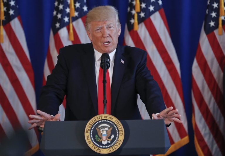 President Donald Trump speak to members of the media regarding the on going situation in Charlottesville, Va., Saturday, Aug. 12, 2017 at Trump National Golf Club in Bedminister, N.J. (AP Photo/Pablo Martinez Monsivais)