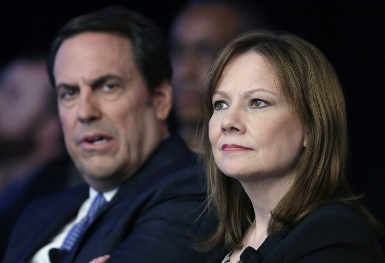 FILE - In this April 15, 2014 file photo, Mary Barra, CEO of General Motors, right, and Mark Reuss, Executive Vice President of Global Product Development for GM and President of GM America, watch the introduction of new Chevrolet cars at the New York International Auto Show, in New York. GM's corporate structure _ as well as what Barra has called a culture that valued cost-savings over safety _ will likely be a prime target in a report expected this week from former U.S. Attorney Anton Valukas. (AP Photo/Mark Lennihan, File)