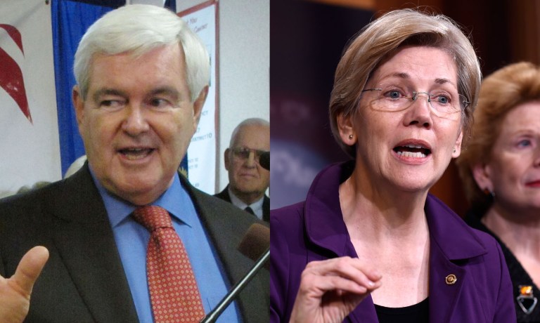 Republican Newt Gingrich and Democrat Elizabeth Warren were the only candidates who amassed a higher percentage of voters saying their presence on the ticket would make them more likely to support their party's respective candidate. (AP Photos)