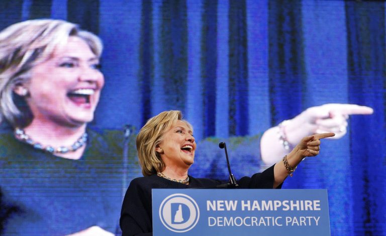 Democratic presidential candidate Hillary Rodham Clinton arrives to speak at the state's annual Democratic convention Saturday, Sept. 19, 2015, in Manchester, .N.H (AP Photo/Jim Cole)