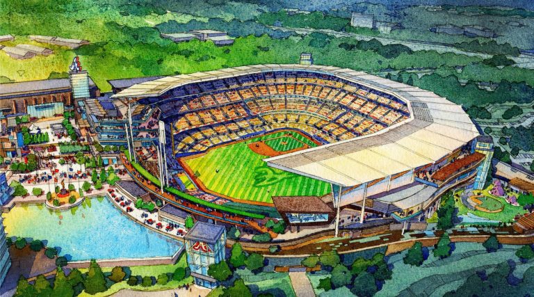 This artist rendering provided by the Atlanta Braves shows the team's proposed new ballpark and mixed-use development design in Cobb County, Ga. The Braves are still more than two years away from moving into their new suburban ballpark. They already know what it will be called. At a groundbreaking celebration Tuesday, Sept. 16, 2014 the Braves announced a naming rights deal with Georgia's largest bank that will result in the 41,500-seat stadium being known as SunTrust Park.  (AP Photo/Atlanta Braves)