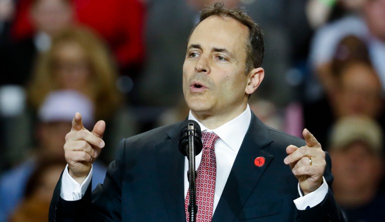 Kentucky Gov. Mark Bevin speaks before the arrival of President Trump during a rally at the Kentucky Exposition Center, Monday, March 20, 2017, in Louisville, Ky.