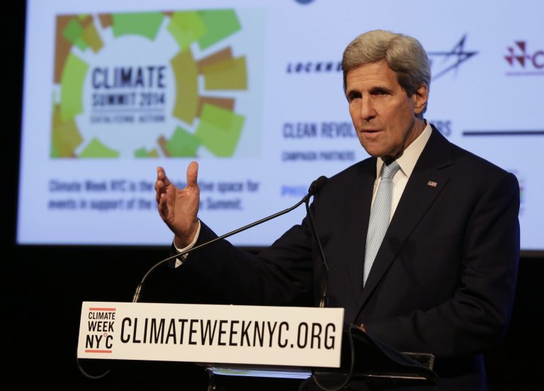 U.S. Secretary of State John Kerry delivers remarks at a NYC Climate Week opening event, at the Morgan Library in New York, Monday. (AP Photo/Richard Drew)