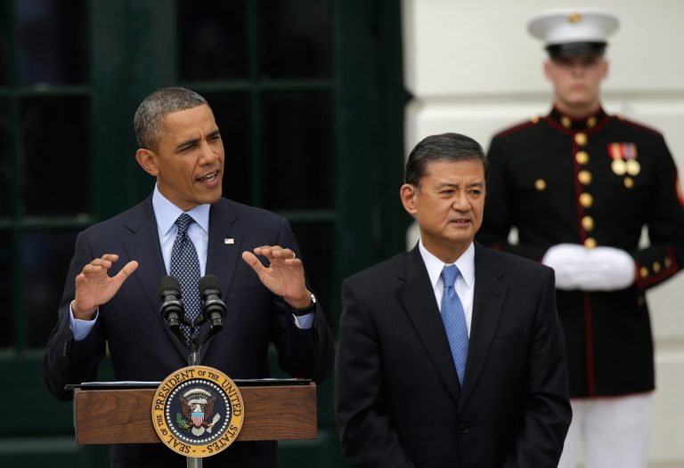 President Barack Obama makes remarks before officially starting the beginning of the Wounded Warrior Project's Soldier Ride with Veterans Affairs Secretary Eric Shinseki at the White House April 17, 2013 in Washington. (Photo by Win McNamee/Getty Images)