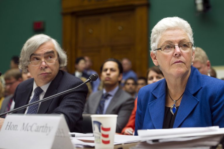 EPA Administrator Gina McCarthy and Energy Secretary Ernest Moniz testify before the House Subcommittee on Energy and Power on Capitol Hill on Wednesday. The energy panel meeting Wednesday comes just days before a deadline for the Environmental Protection Agency to release a revised proposal setting the first-ever limits on carbon dioxide from newly built power plants. (AP Photo/Cliff Owen)