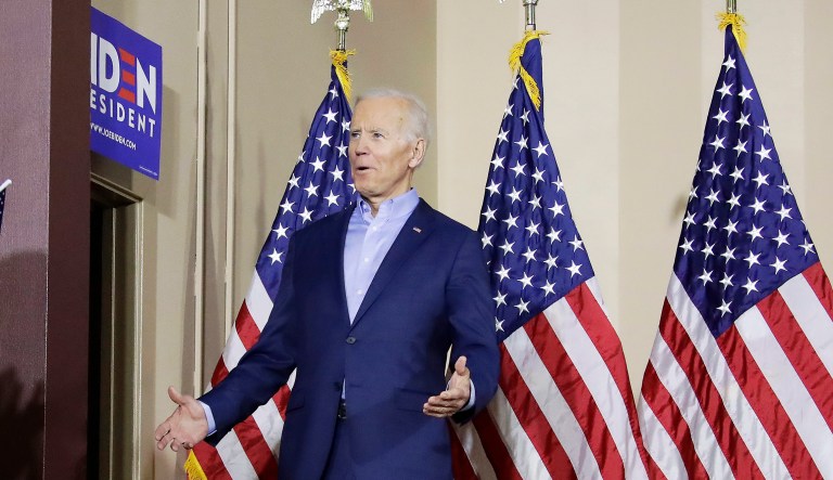 Former Vice President and Democratic presidential candidate Joe Biden takes the stage during a rally at the Teamster Local 249 Hall in Pittsburgh, Monday, April 29, 2019.