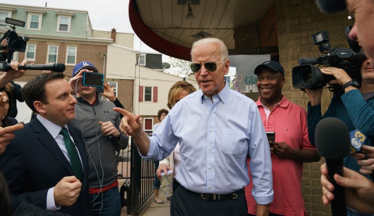 Democratic presidential candidate and former Vice President Joe Biden speaks outside of Gianni's Pizza, in Wilmington Del., Thursday, April 25, 2019.