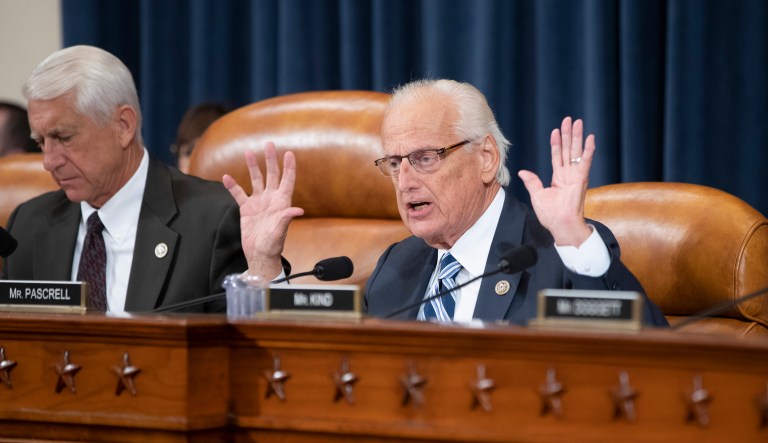Rep. Dave Reichert, R-Wash., left, chairman of the House Subcommittee on Trade, listens as Rep. Bill Pascrell, D-N.J., right, ranking member, questions witnesses about the effect of foreign tariffs on American agriculture, on Capitol Hill in Washington, Wednesday, July 18, 2018.