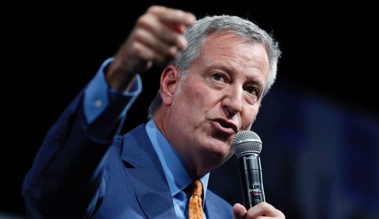 Democratic presidential candidate New York City Mayor Bill de Blasio speaks at the Presidential Gun Sense Forum, Saturday, Aug. 10, 2019, in Des Moines, Iowa. 