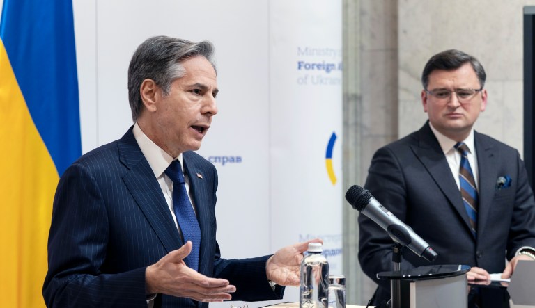 Secretary of State Antony Blinken, left, speaks during a media availability with Ukrainian Foreign Minister Dmytro Kuleba, at the Ministry of Foreign Affairs, Wednesday, Jan. 19, 2022, in Kyiv, Ukraine. 