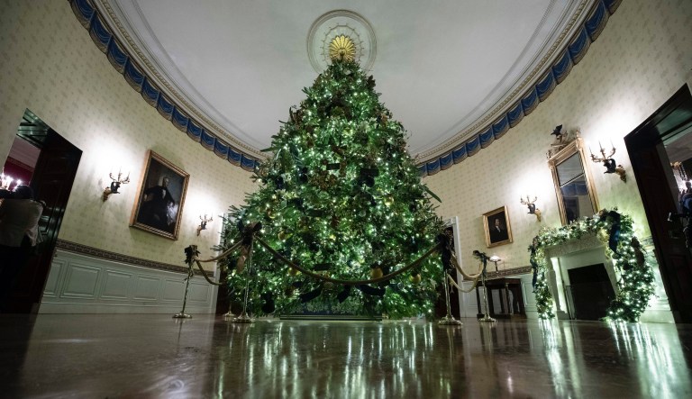 The official White House Christmas tree is decorated in the Blue Room during the 2019 Christmas preview at the White House, Monday, Dec. 2, 2019, in Washington. (AP Photo/Alex Brandon)